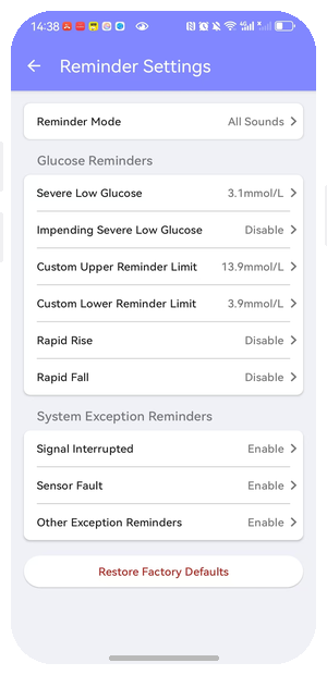 EverChek CGM app glucose alert customization screen