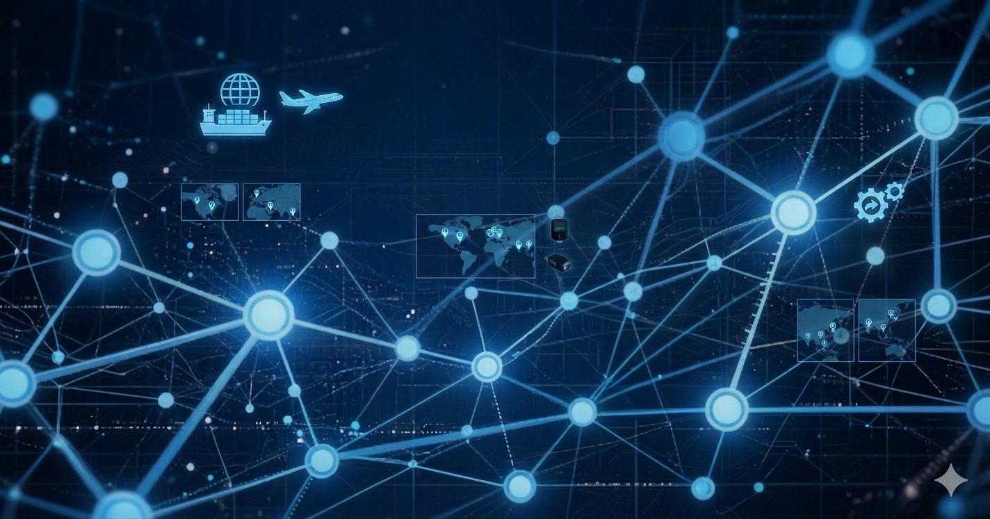 Abstract global distribution network with interconnected nodes, world maps, and logistics icons including cargo ship and airplane on dark blue background