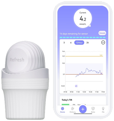 EverChek continuous glucose monitoring system with mobile app showing real-time glucose data